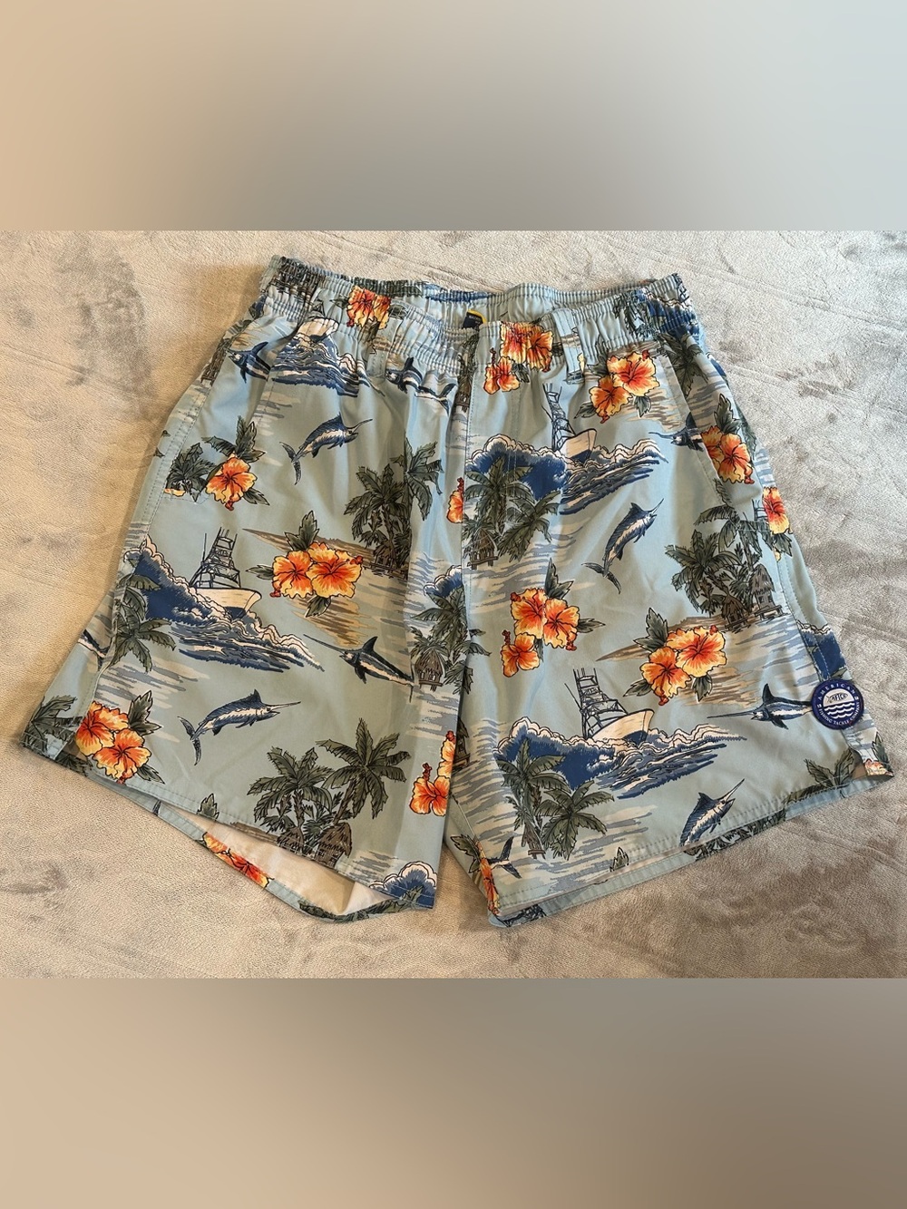 AFTCO Swim Trunks Mens M Blue Tropical Floral Fishing Print Pockets Elastic